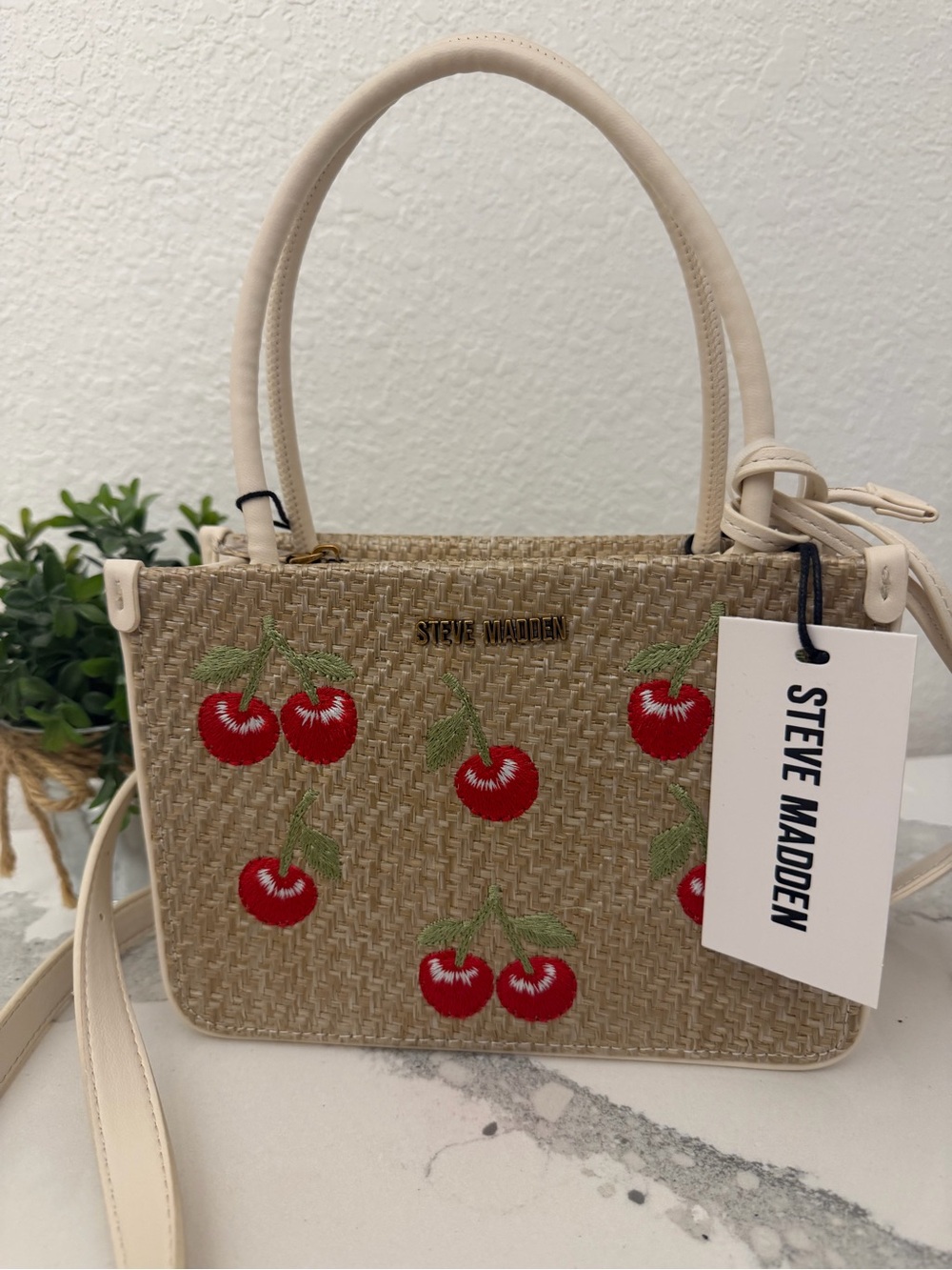 Steve Madden Beige Top-Handle Satchel with Red Cherry Embroidery